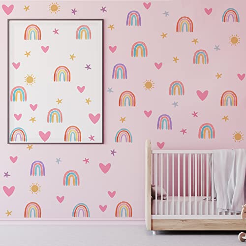 Rainbow Wall Decals for Kids Room - Removable Vinyl Stickers with Hearts Stars