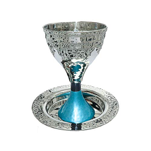 Yair Emanuel Modern Kiddush Cup with Turquoise Pedestal - Judaica Gift