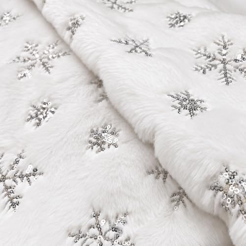 Silver 60 Inch Faux Fur Christmas Tree Skirt with Sequin Snowflakes - White Holiday Decor