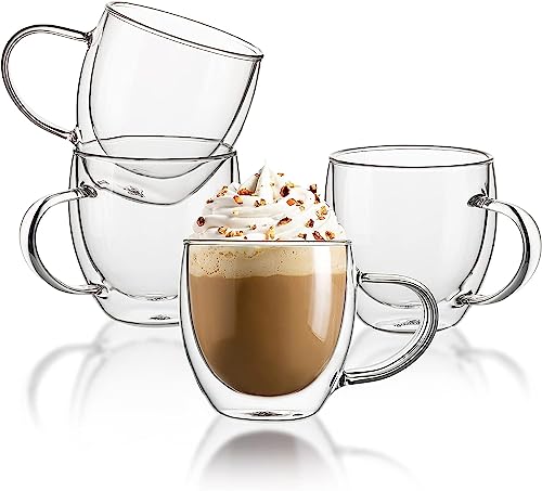 Sweese 8 oz Double Wall Glass Coffee Mugs Set of 4 – Clear Borosilicate Cup for Espresso, Latte & Cappuccino