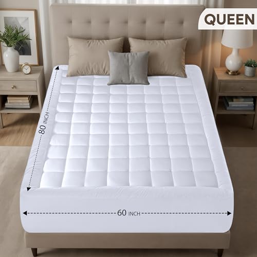 Queen Mattress Pad with Pillow Top, Quilted Fitted Protector - 60x80 in