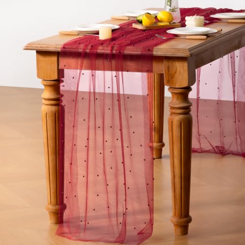 Pearl Gauze Table Runner 10ft for Wedding & Party Decor - Red