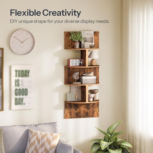 4-Tier Wall-Mounted Corner Floating Shelves, Rustic Brown Set of 2