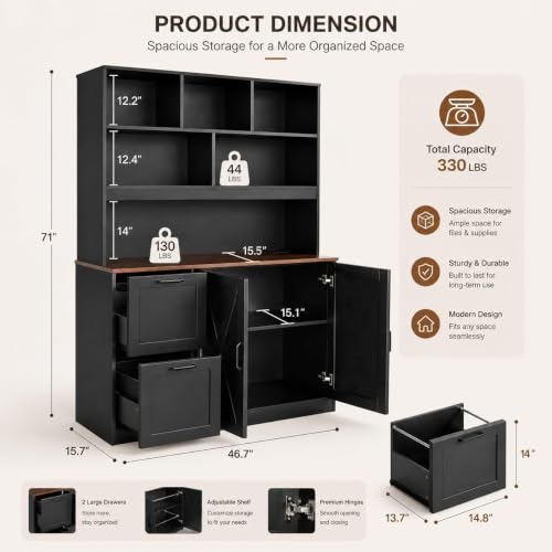 NORTHSKY 72-Inch Tall Bookshelf with Power Outlet & File Drawers - Black