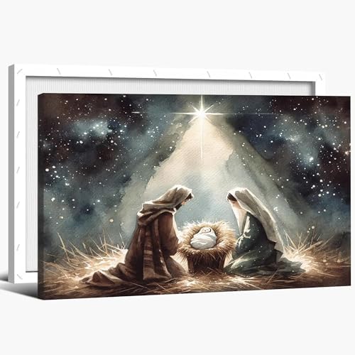 ANRUOXI Nativity Wall Art Canvas - Jesus Lamb 36x24 Inches, Framed Religious Christmas Decor
