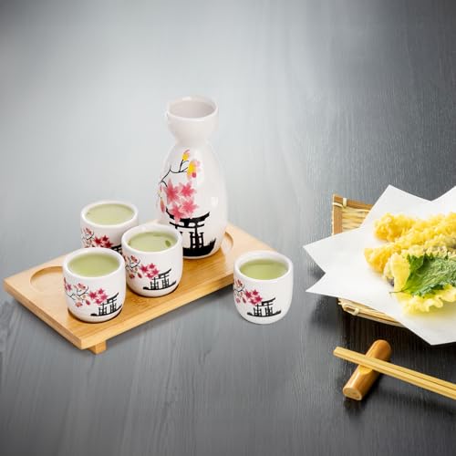 Tosnail 5-Inch Pink Blossom Ceramic Sake Set with Carafe, 4 Cups & Bamboo Tray - Unique Variation