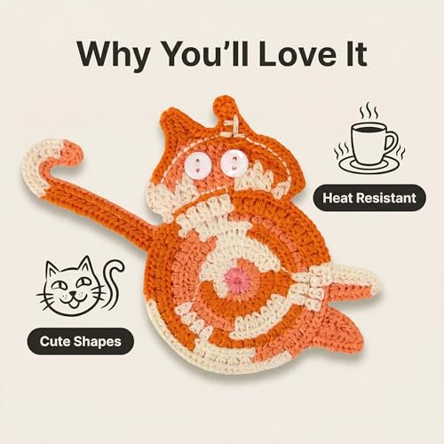 Graceice 3pcs Cat Woven Coasters - Cute Hand Knitted Drink Protectors for Cat Lovers