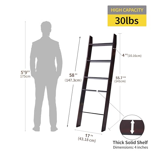 5-Tier Wooden Blanket Ladder - 58-Inch Leaning Quilt Rack for Living Room