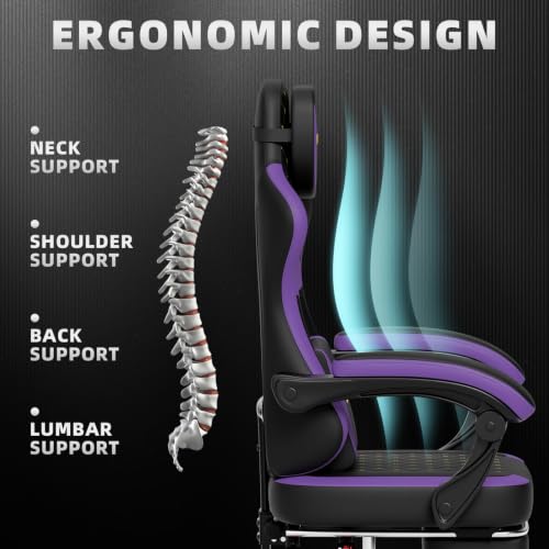 Ergonomic Gaming Chair with Massage Lumbar Pillow, Footrest & Adjustable Back