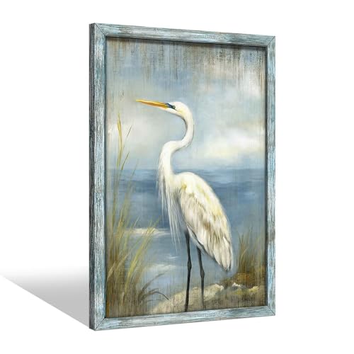 Coastal Heron Wooden Wall Art 11x16 Inch Framed Seascape Beach Decor