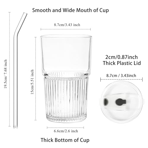 16oz Ribbed Glass Tumbler Set with Leak-Proof Lids and Straws