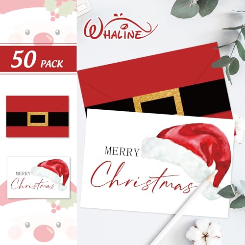 Whaline 50 Xmas Greeting Cards with Envelopes & Stickers, 4x6 inch Santa Claus Notes