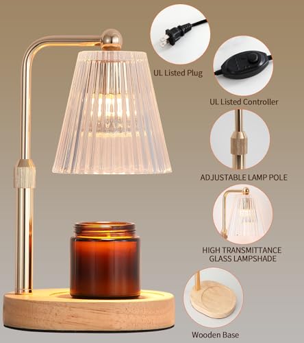 Gold Candle Warmer Lamp with Timer, 2 Bulbs – Safe Flameless Wax Melt for Jar Candles, Adjustable Height