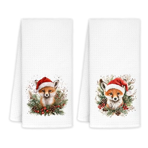 Christmas Fox Kitchen Towels - Fox Lover Decor, Holiday Dish Hand Towels, 16x24 Inch Set of 2