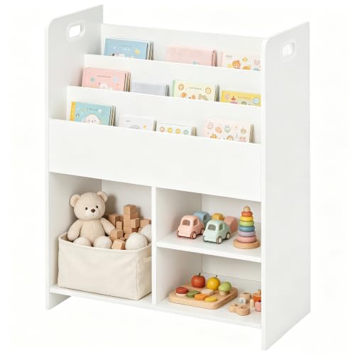 Kids Bookshelf and Toy Organizer, Front-Facing Wooden Storage Rack