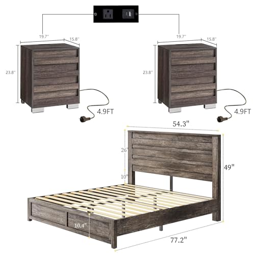 3-Piece Farmhouse Full Bed Frame Set with Charging Nightstands, Rustic Grey