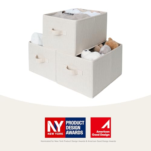 Foldable Fabric Shelf Storage Bins Beige Stripes 3-Pack Large Closet Baskets