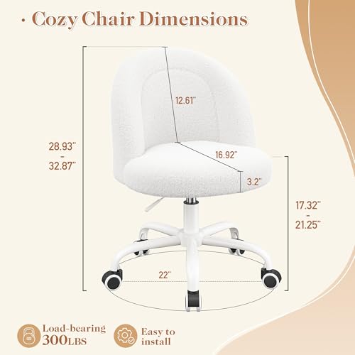 Teddy Fleece Vanity Chair - Adjustable Height Swivel Desk Chair, Cream White
