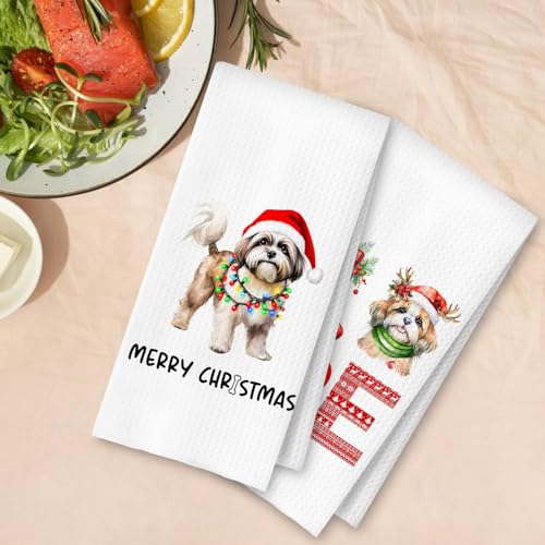 Christmas Shih Tzu Kitchen Dish Towels 2 Pack - Casual Holiday Dog Lover Gift