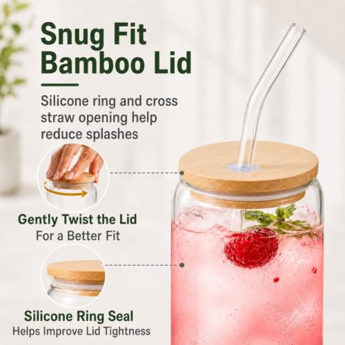 16 oz Glass Coffee Cup with Bamboo Lid and Straw, Reusable Iced Drink Tumbler