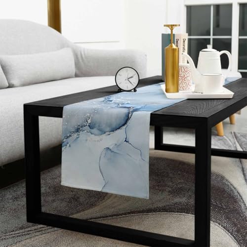 Marble Table Runner 72 Inch Blue & Grey Farmhouse Decor Burlap Cotton