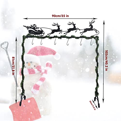 Black Metal Christmas Elk Cart Stocking Holder Stand with 6 Hooks - Freestanding Holiday Decor