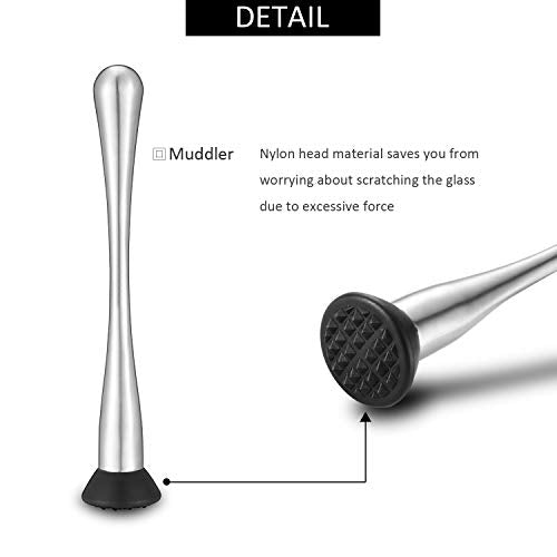 Stainless Steel Cocktail Muddler Set with Jigger and Bar Spoon - 10 Inch Professional Bar Tools for Mojitos and Fruit Drinks