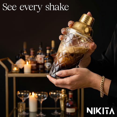Nikita Gold Cocktail Shaker Set - 5-Piece Bartender Kit with Glass Mixer & Accessories