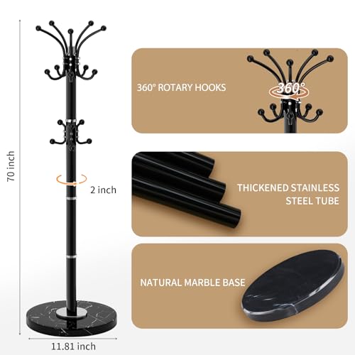 Heavy Duty 360° Rotating Coat Rack Stand with Natural Marble Base, 16 Hooks