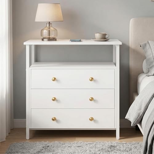 27-Inch Wide 3-Drawer Nightstand with Built-in Charging Station, White
