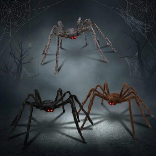 BEABOO 3 Pack 5Ft Black, Brown & Grey Giant Halloween Spiders Realistic Scary Decor