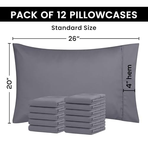 Utopia Bedding Standard Pillow Cases - 12 Pack - Envelope Closure - Soft Brushed Microfiber Fabric - Shrinkage and Fade Resistant Pillow Covers Standard Size 20 X 26 Inches (Standard, Grey)