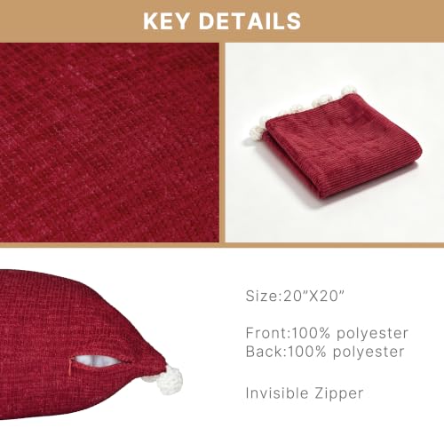 Red Boho Pom Pom Throw Pillow Cover 20x20 Inches - Pack of 1, Decorative Cushion Cover