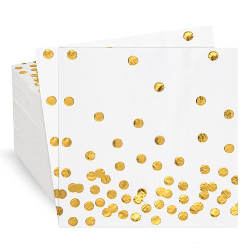 Mealivos Gold Dot 80 Pack White Paper Cocktail Napkins 5x5in 3-Ply Party Supplies