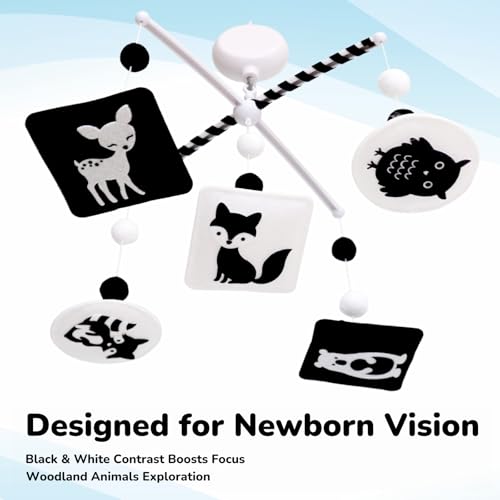 Black and White Montessori Crib Mobile with Digital Music Box - Woodland Theme
