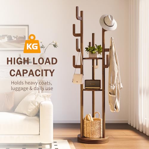 Rotating Solid Wood Coat Rack with 9 Hooks and 3 Storage Shelves