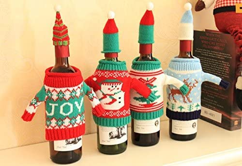 Christmas Wine Bottle Covers and Hats Kit - 4 Pack Ugly Sweater Style Decorations