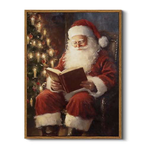 ARPEOTCY Framed Santa Reading Book Canvas Wall Art 12x16in - Vintage Christmas