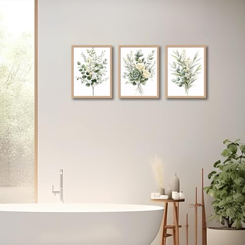 3-Piece Framed Botanical Wall Art Set, Sage Green Watercolor Floral Canvas