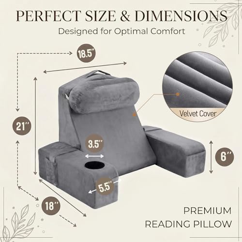 21-Inch Reading Pillow with Detachable Arms and Cup Holder - Gray