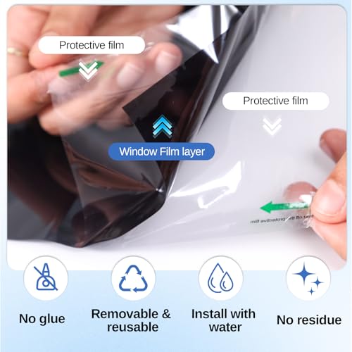 One Way Window Privacy Film - Black 17.5" x 78.7" - Heat Blocking, UV Protection, Static Cling