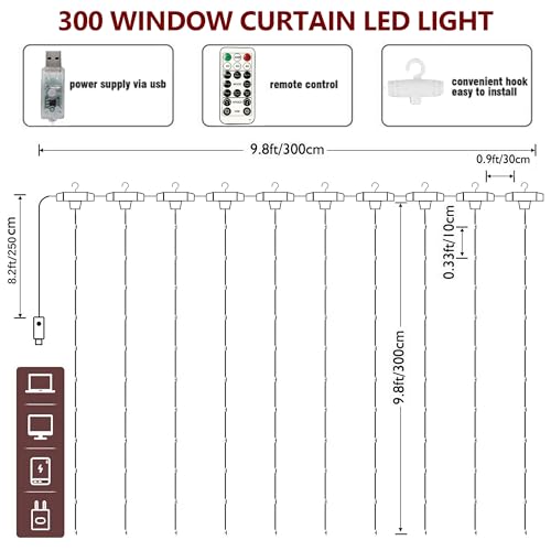 Multicolor 300 LED Window Curtain String Lights with Remote & USB Waterproof for Christmas Party