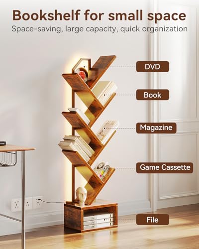 6-Tier Narrow Bookshelf with RGB LED Lights, Vintage Wood & Metal Bookcase