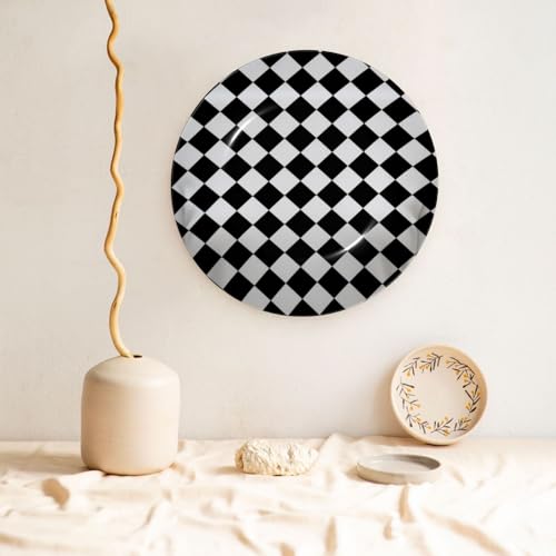 Checkered Bone China Decorative Plate with Stand, Modern Wall Art Decor