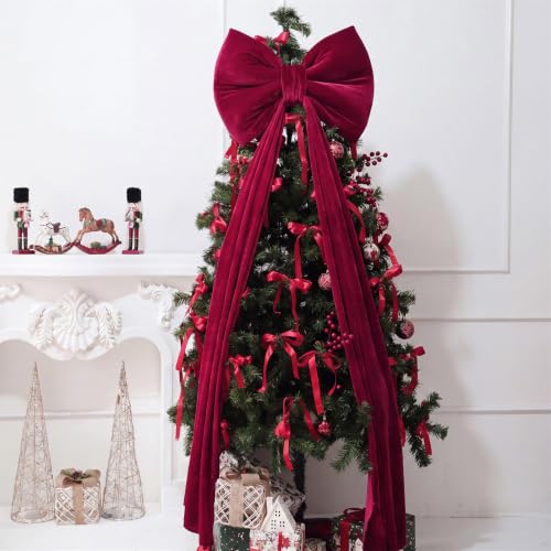 Large Red Velvet Christmas Tree Topper Bow with Long Tails
