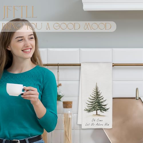 Oh Come Christian Christmas Tree Kitchen Towels - Holiday Pine Tree Dish Towels for Kitchen Decor, 16x24 Inch
