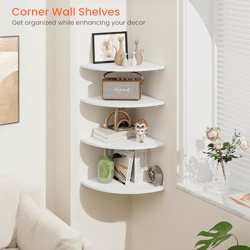 12-Inch Round Corner Floating Shelves, Set of 4 White Wall Mount Shelves