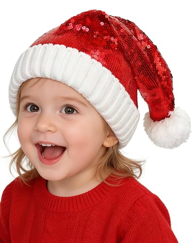 Baby Knit Santa Hat with Sequins and Pom Pom - Christmas Toddler Hat for 0-4 Years