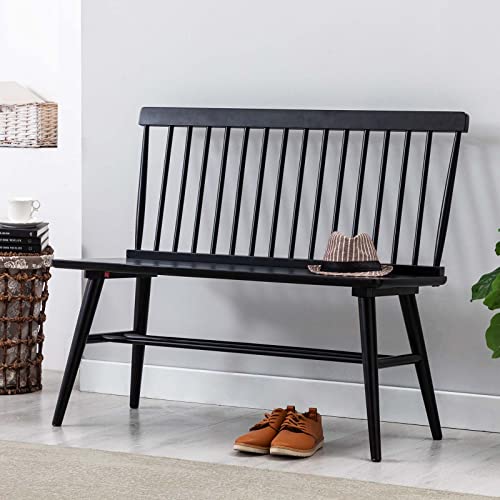 Farmhouse Windsor Entryway Bench, Black Rubber Wood Dining Bench