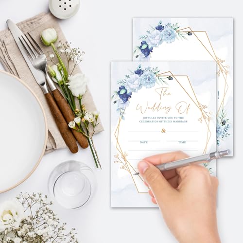 Dusty Blue Floral Wedding Invitations, 5x7 Elegant Rose Invites (25 Pack)